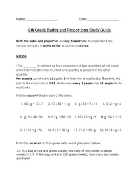 Preview of 6th Grade Ratios and Proportions Worksheet/Study Guide