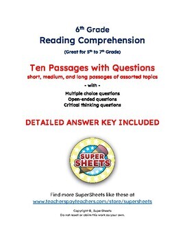 Preview of 6th Grade Reading Comprehension (10 Assorted Topics) w/ Answer Key (5th 6th 7th)