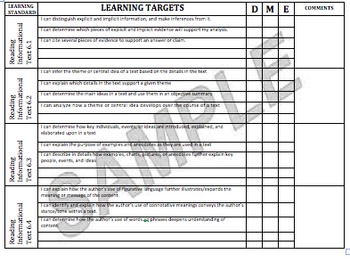 Preview of Student Data Sheets!!! Reading I CAN Statements; CCSS Target Data