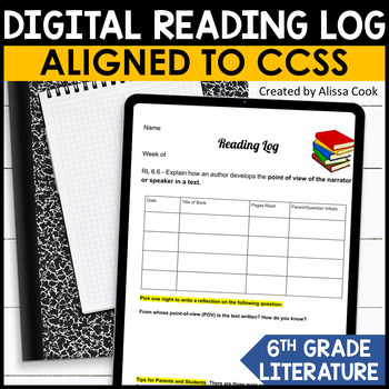 Preview of 6th Grade Reading Literature Comprehension Activity | Digital Daily Reading Log