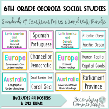 Preview of 6th Grade Social Studies Georgia Standards of Excellence Posters and Word Walls