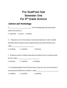 Preview of 6th Grade Science Pretest for Indiana