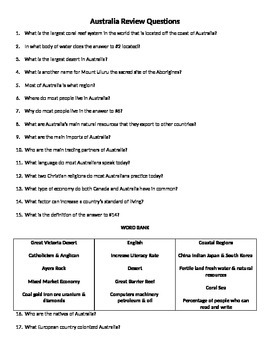 Preview of 6th Grade Social Studies Review Questions (Australia)