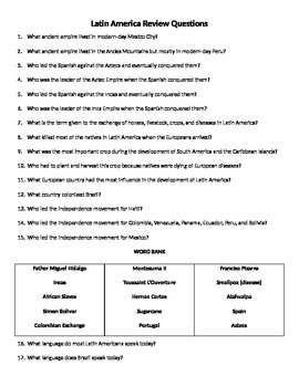 Preview of 6th Grade Social Studies Review Questions (Latin America)
