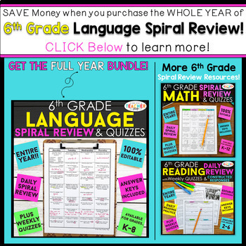 6th Grade Language Spiral Review | 2 Weeks FREE by One ...