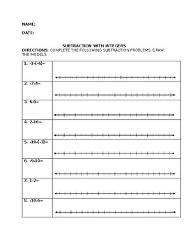 Preview of 6th Grade Subtraction with Integers Worksheet or Homework Page