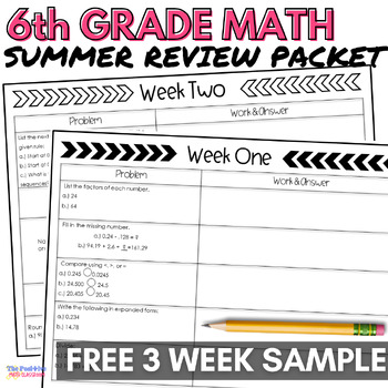 Preview of 6th Grade Summer Math Review Packet FREEBIE