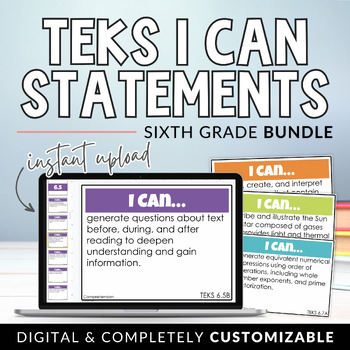 Preview of 6th Grade TEKS I Can Statements Core Subjects Bundle | Digital + Editable Slides