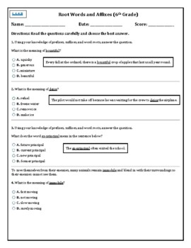 6th Grade Test on Root Words and Affixes by Mai Dionson | TpT