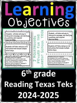 Preview of 6th Grade Texas TEKS Reading/ Writing Learning Objectives Cards | Color & B&W