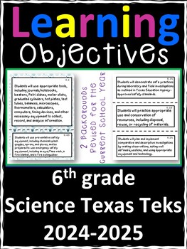 Preview of 6th Grade Texas TEKS Science Learning Objectives Cards | Color & B&W