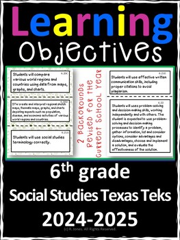 6th Grade Texas TEKS Social Studies Learning Objectives Cards | Color & B&W