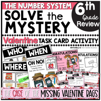 Preview of 6th Grade The Number System Solve The Mystery Valentine Task Card Activity