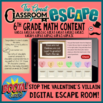 Preview of 6th Grade Valentine's Day Math Activity Digital Escape Room Boom Cards™
