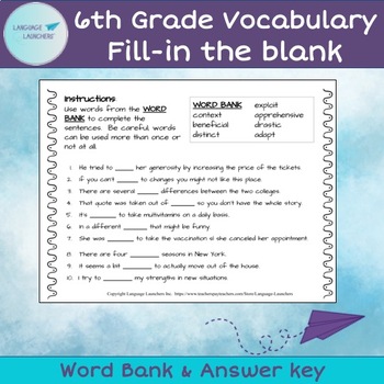 Preview of 6th Grade Vocabulary FILL-IN Worksheets