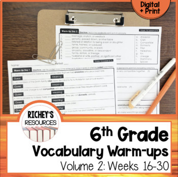 Preview of 6th Grade Vocabulary For Achievement Weekly Warm-ups 16-30 Digital and Print