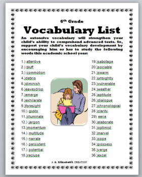 6th grade vocabulary list by j elizabeth creations tpt