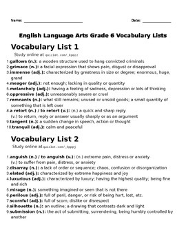 Preview of 6th Grade Vocabulary Lists Packet - 16 Vocabulary Lists - 160 Vocabulary Words