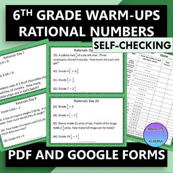 Preview of 6th Grade Warm Ups Rational Numbers PDF and Google Forms 