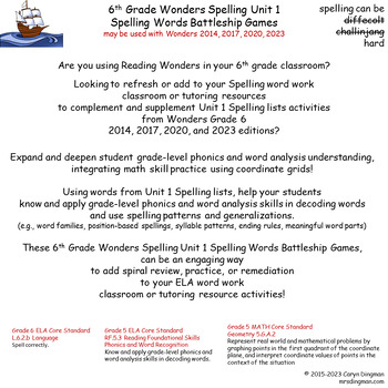 Preview of 6th Grade Wonders Spelling Unit 1 Spelling Words Battleship Games