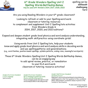 Preview of 6th Grade Wonders Spelling Unit 2 Spelling Words Battleship Games