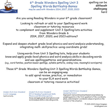 Preview of 6th Grade Wonders Spelling Unit 3 Spelling Words Battleship Games