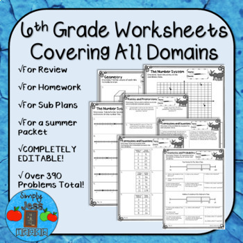 Preview of 6th Grade Worksheets Covering All Domains - Completely Editable!