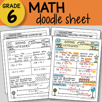 Preview of Doodle Sheet - Adding Integers with Different Signs -  EASY to Use Notes -