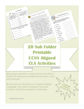 Preview of 6th grade 20 ELA CCSS aligned worksheets -for Sub Tub & Emergency Sub Plans