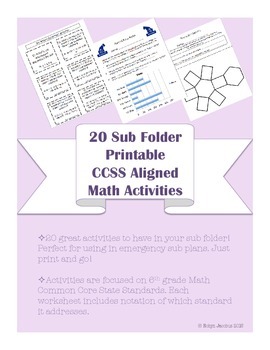 Preview of 6th grade 20 Math CCSS aligned worksheets & games for Sub Tub