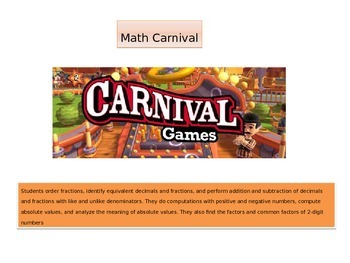 Preview of 6th grade Beginning of Year  task 2015" Math Carnival"