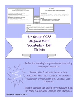 Preview of 6th Grade Math- Common Core Standard Vocabulary Exit Tickets & Answer Key