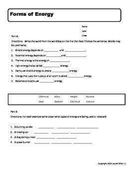 6th grade science energy worksheets pdf