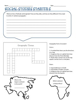 6th grade social studies starters by for the love of