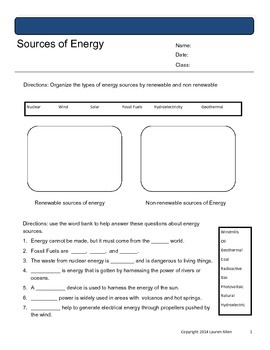 Preview of 6th grade Sources of energy worksheets