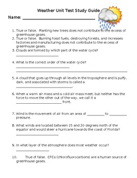 Preview of 6th grade Weather Unit Test Study Guide (fillable and editable resource)