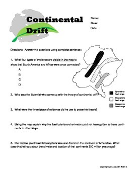 6th grade continental drift worksheet by Lauren Allen TpT