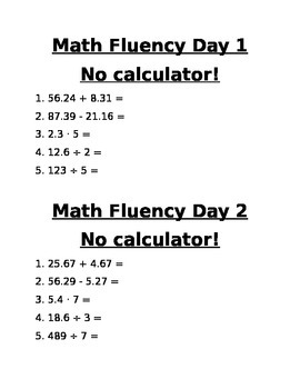 Preview of 6th grade math TN Ready  - Fluency