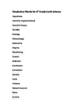6th grade science vocabulary definitions