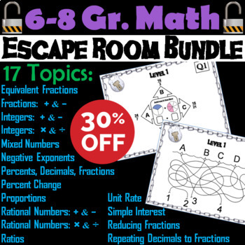 Preview of Math Escape Room Bundle 6th 7th 8th Grade: Fractions, Integers, Percents, Ratios
