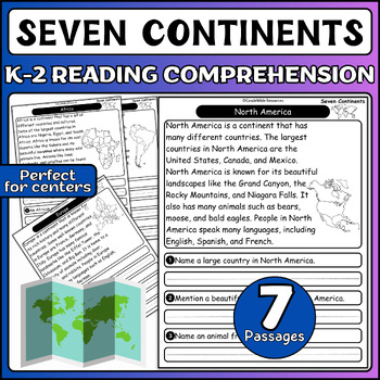 Preview of 7 Continents Reading Comprehension Passages & Questions K-2 Geography & Literacy