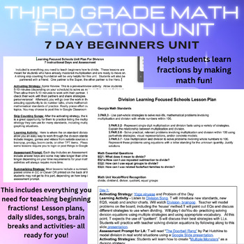 Preview of 7 Day Division Learning Focused School Unit Plan with Assessment - Third Grade