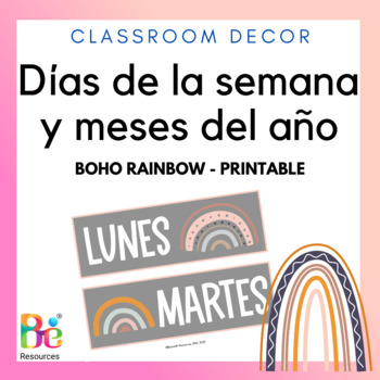 Preview of 7 Days of the Week in Spanish & Months of the Year Boho Rainbow Classroom Decor