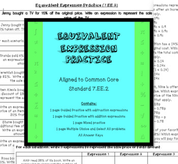 Preview of 7.EE.2 Equivalent Expressions Percent Common Core Guided Notes and Practice