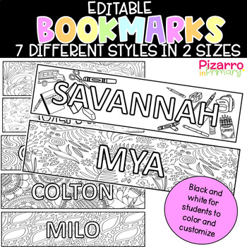 Preview of 7 Editable Bookmarks | Coloring Bookmark | Colouring Bookmark | Name tag