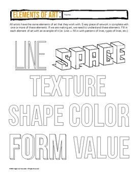 7 Elements of Art Design Word Drawing Worksheet line color value form ...