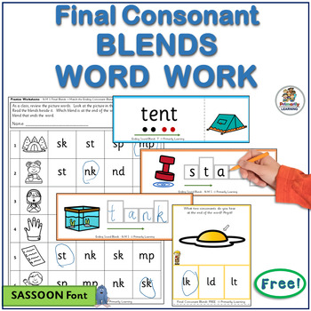 Preview of 7 Ending Consonant Blends Worksheets and Activities FREE - SASSOON Font