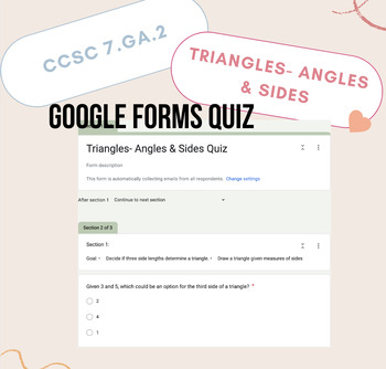 Preview of 7.GA.2 7th Grade Unique Triangles- Angles/Sides Google Forms Quiz