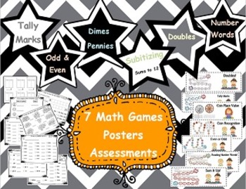 Preview of 7 Math Games and Assessments Tally Marks, Coins,  Addition,  Even and Odd