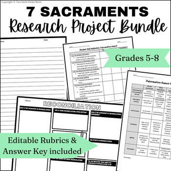 Preview of 7 Sacraments Catholic Research Project Poster & Information Report with Rubric